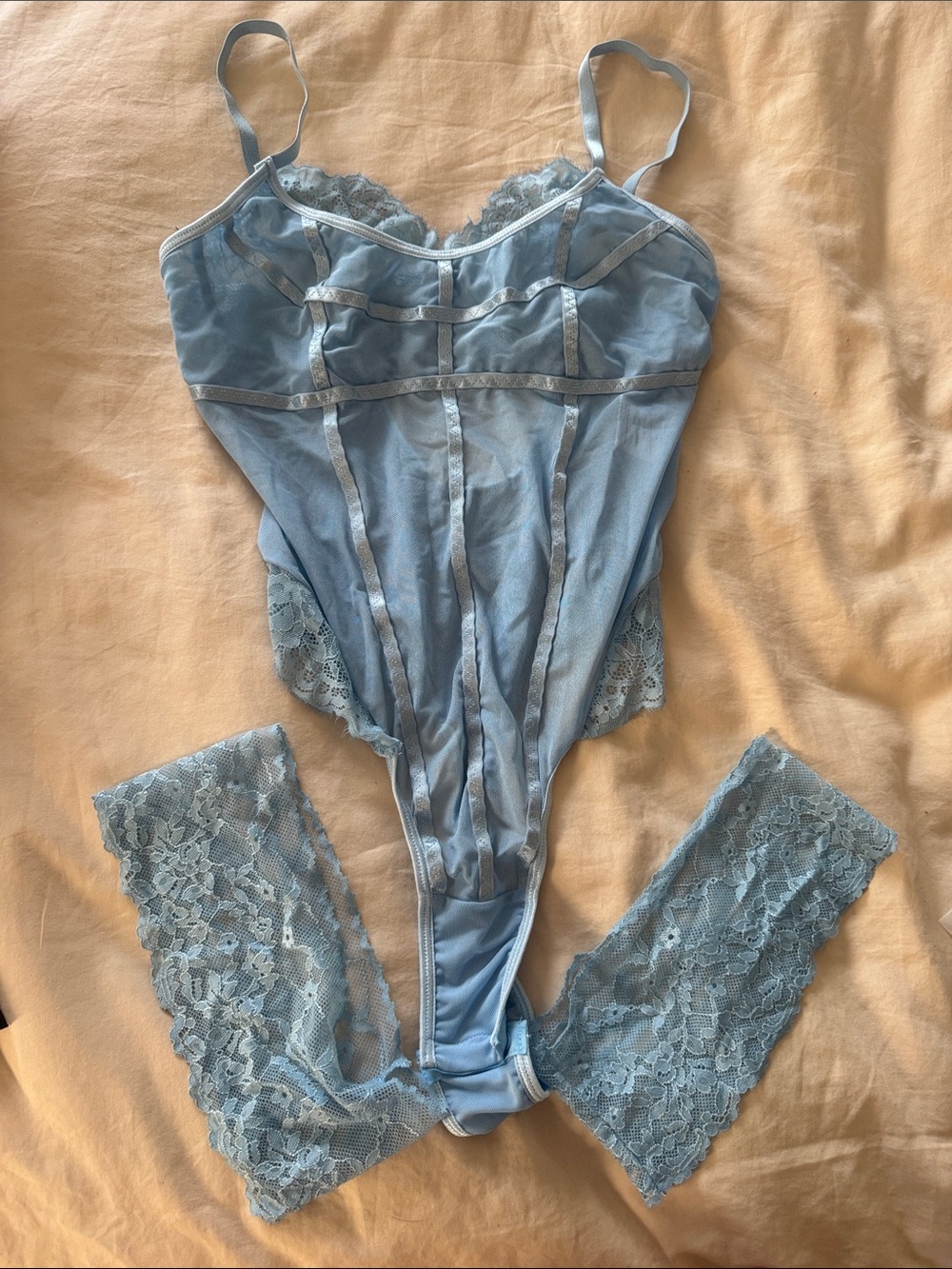 Sheer Lace Trim Light Blue Bodysuit